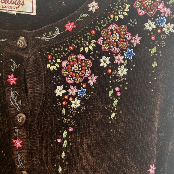 Vtg Brown Chenille Cardigan Sz L • Beaded Embroidery Sparkle Cottagecore Granny - Picture 3 of 8